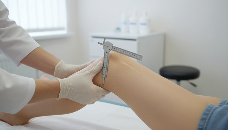 Close-up view of a clinician measuring knee hyperextension during a Beighton score exam