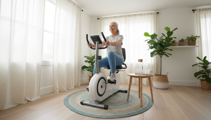 Wide-angle view of a person doing a gentle stationary bike session in a bright home exercise space.