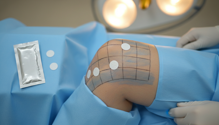 Overhead view of a bent knee prepared for an image-guided pain procedure with sterile markers nearby.