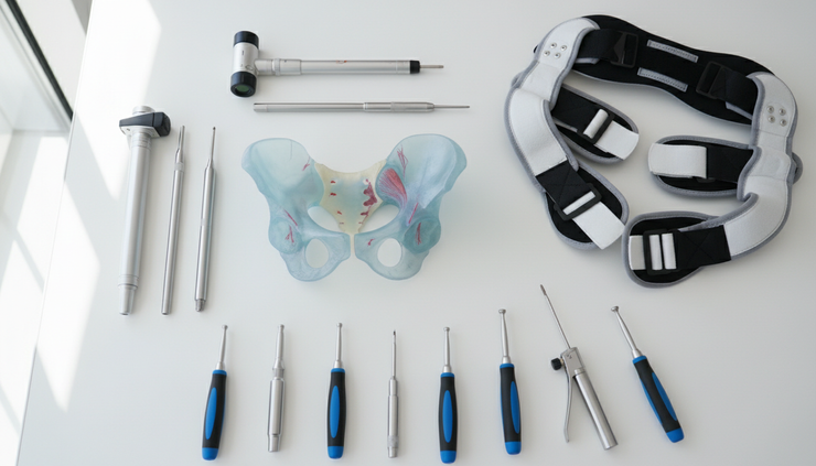 Overhead view of a hip model and arthroscopy instruments arranged beside a postoperative brace