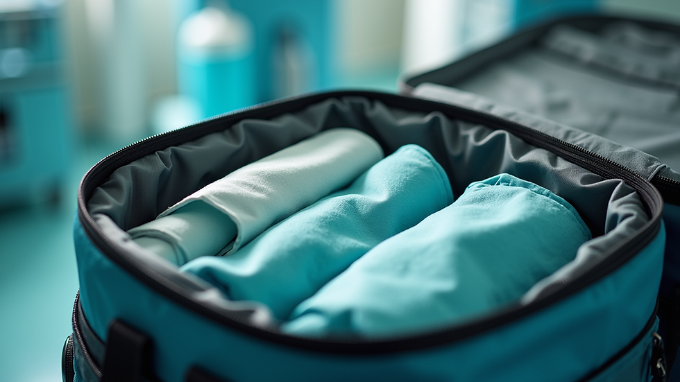 Close-up view of a neatly packed hospital bag with essentials for knee surgery