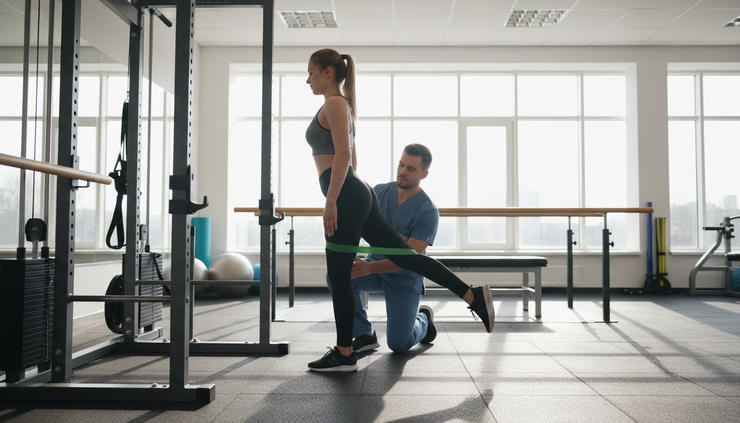 Wide-angle view of a patient performing controlled single-leg hip strengthening in a rehabilitation gym