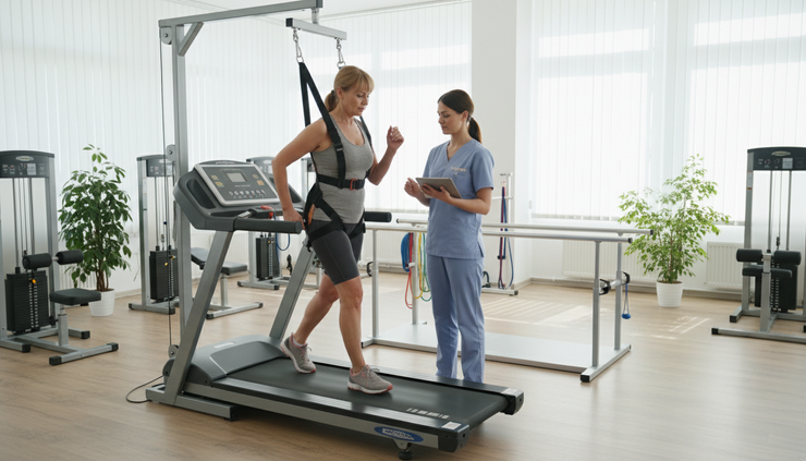 Wide-angle view of a person walking on a treadmill during gait training after hip surgery