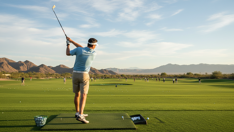 Eye-level view of a golfer taking a controlled practice swing on the driving range.