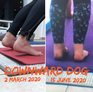 Private student of yoga teacher Yogawithvickib, demonstrating Downward facing dog, progression of heels down