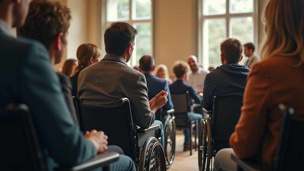 Eye-level view of a community gathering discussing disability rights