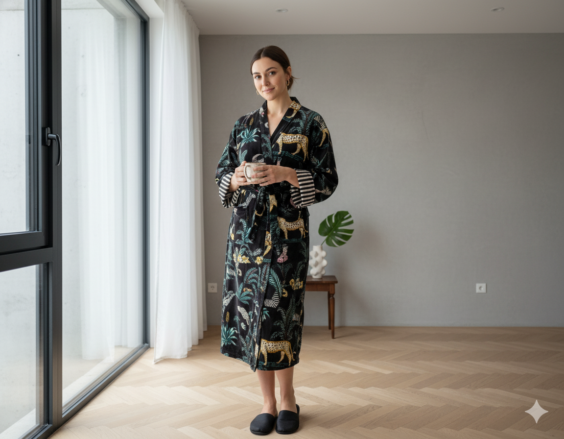 Black Jungle Velvet Kimono Dressing Robe