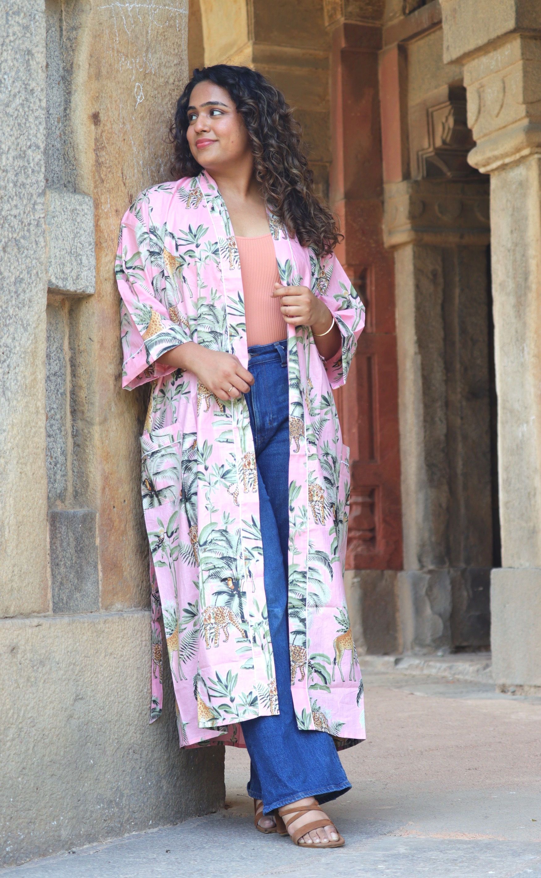 Pink Forest Cotton Kimono Dressing Robe