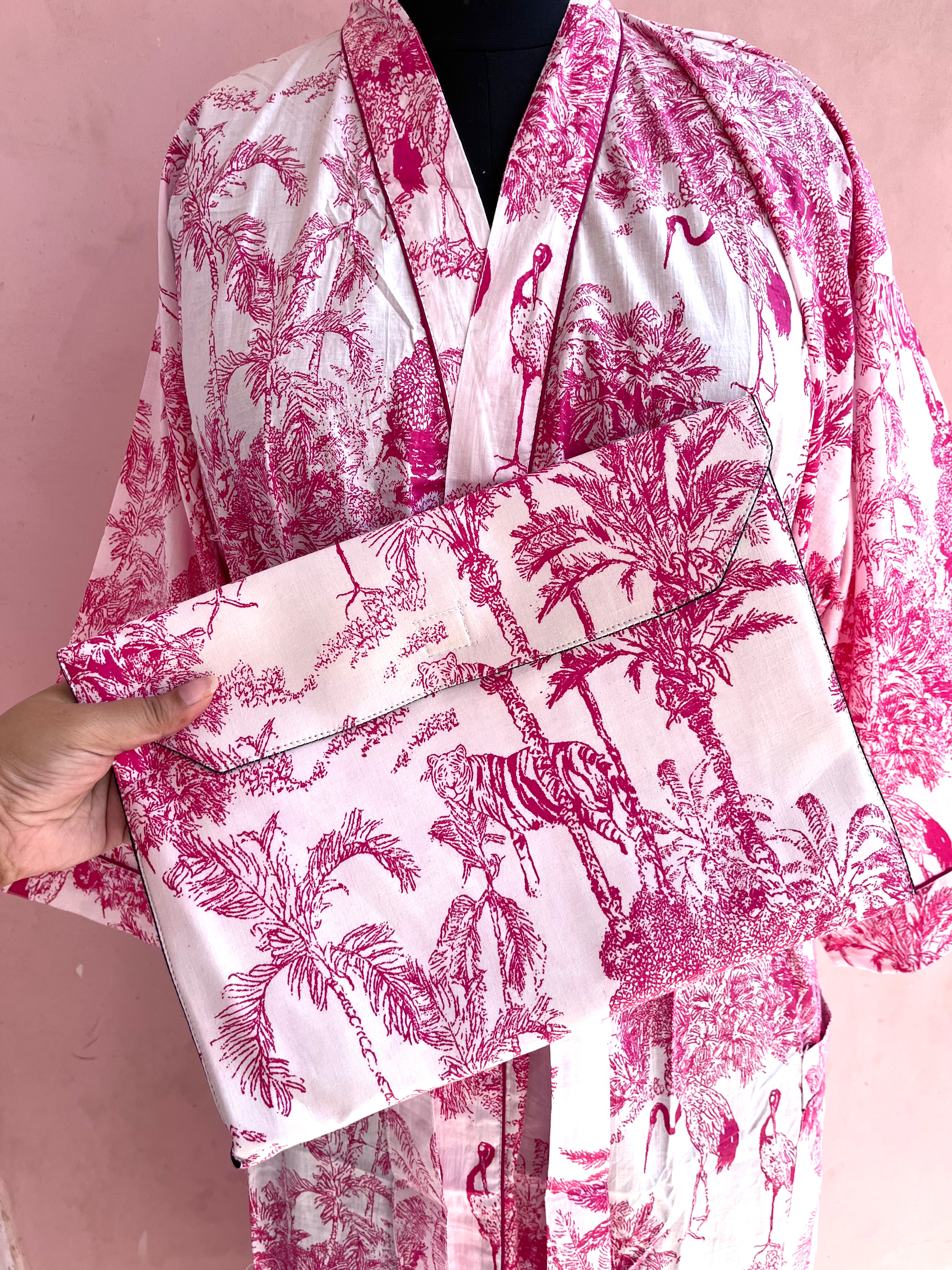 Rani Pink Japanese Crane Women's Cotton Kimono