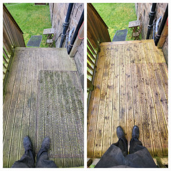 Before and after of pressure washed wood garden deck