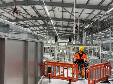 Technician in helmet and harness behind safety barriers inside an industrial plant