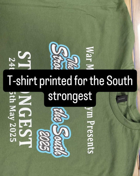 T-shirt stack with “Strongest in the South” gym print