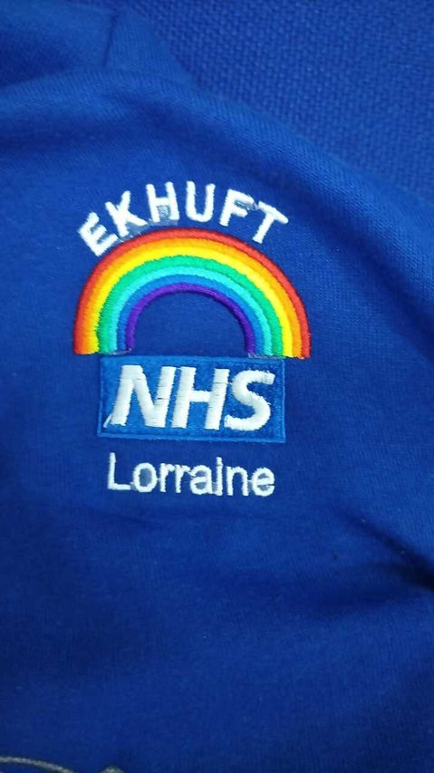 NHS rainbow logo t-shirt with "Lorraine" name