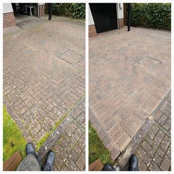Before and after pressure washed block paved driveway