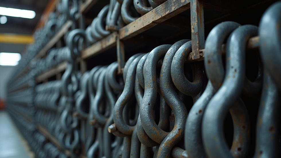 Close-up view of high-strength anchor chains and shackles stacked in a warehouse
