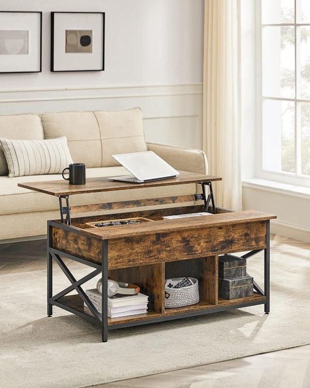 Thumbnail: Rustic Lift-Top Coffee Table With Metal Frame