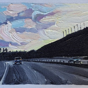 Oil Painting by Kiri Jones of vehicles driving on Waikato Expressway as sun rises.