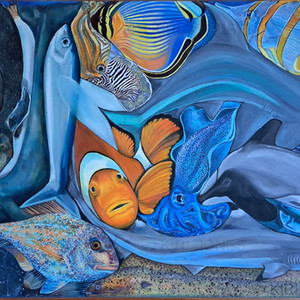 A beautiful, Escher inspired painting of sea creatures and their abstract body shapes slotting perfectly into each other by Kiri Jones.