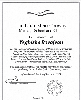 Graduation Certificate-The Lauterstein-Conway Massage School, Georgetown, TX