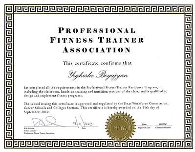 Professional Fitness Trainer Association certificate.