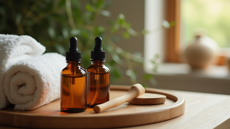 Close-up view of essential oils and massage tools arranged on a wooden tray