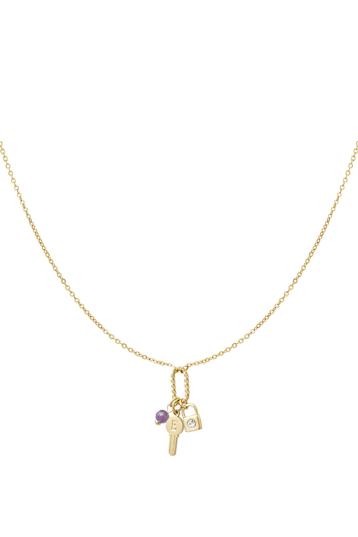 Collier charms clé lettre E