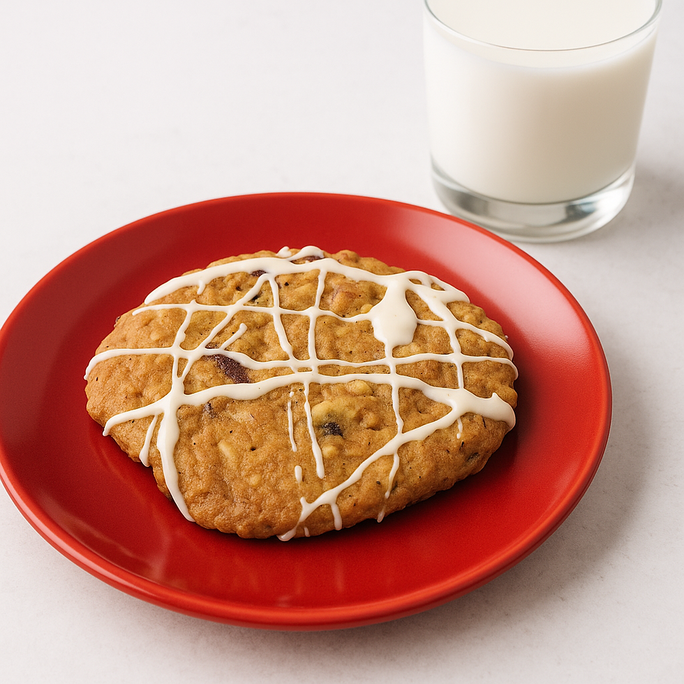 SweetM’s Oatmeal Craisin Cookie — buttery oats, brandy-soaked fruit, and a silky apple–cinnamon drizzle. Baked fresh