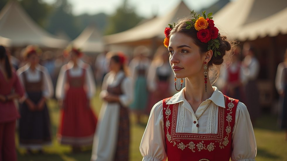 Eye-level view of a traditional Romanian folk costume displayed in a cultural event