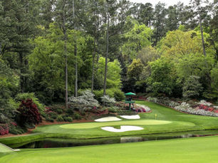 Augusta National 12th hole — Amen Corner with azaleas in bloom, Masters 2026