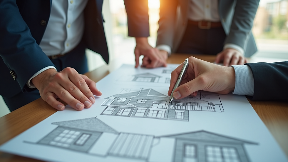 Close-up view of a real estate agent showing a property blueprint to a client