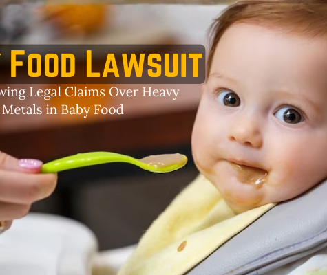 Baby eating from a spoon while text reads “Baby Food Lawsuit: The Growing Legal Claims Over Heavy Metals in Baby Food,” highlighting concerns about heavy metals in baby food and related legal actions.