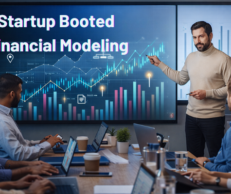 A team of professionals discussing startup booted financial modeling with a presenter pointing at a graph on the screen, showing financial data and growth trends.