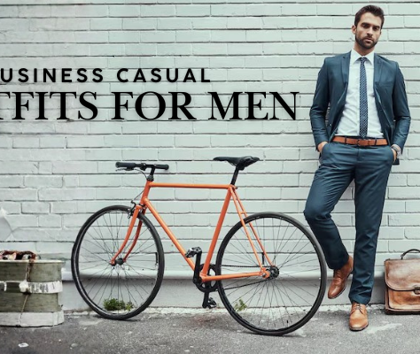 Business Casual Outfits For Men featuring a professional man wearing a blazer, shirt, trousers, and leather shoes standing beside a bicycle.