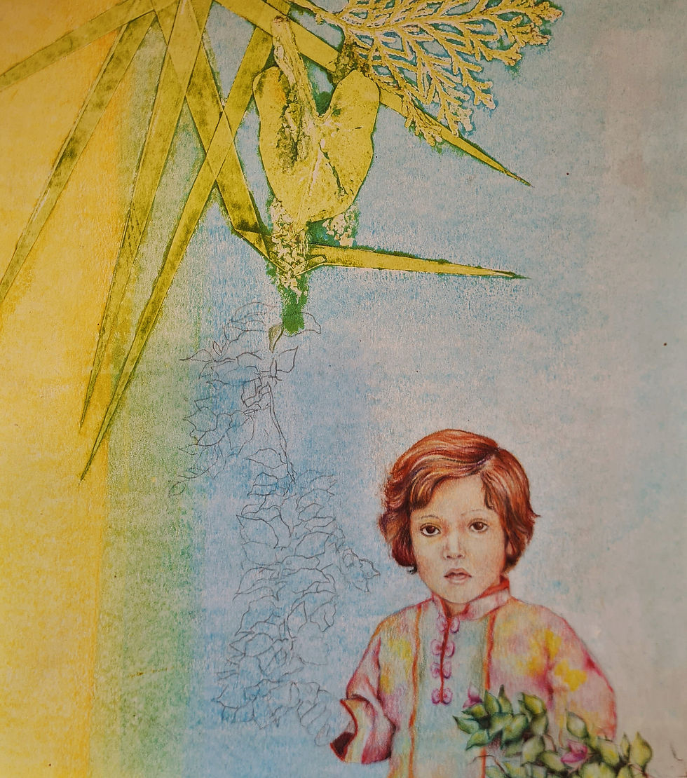"Haiku: you've prayed for a mother behind every familiar wall, hoping a strong pair of hands would answer.” |Pencil colors and pastels on monotype print |9 x 10 inches |2024