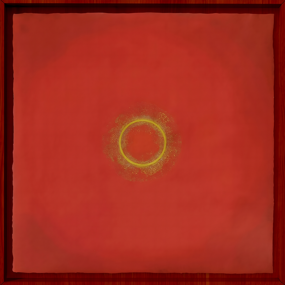 Faani qul Jahan’ (This Realm is Ephemeral) | Vermillion on Paper with Gold Leaf and Platinum in Egg Tempera |104 x 104 cm | 2023