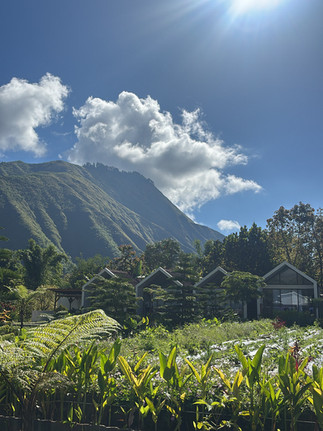Boutique cabins surrounded by lush tropical gardens beneath the dramatic slopes of Mount Rinjani in Sembalun, East Lombok