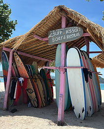 Surfboard rental hut at Tanjung Aan Beach in South Lombok