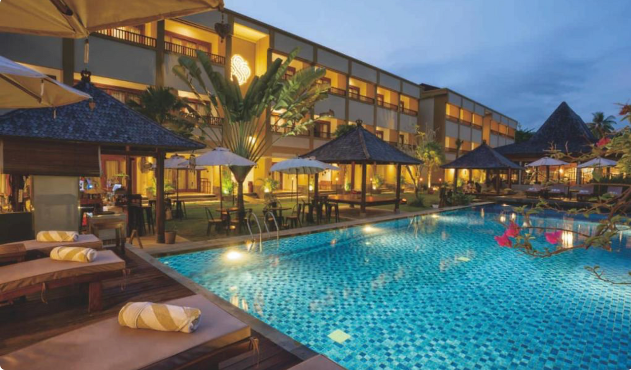 Swimming pool and tropical gardens at Sima Hotel in Kuta Lombok
