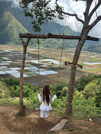 Traveler enjoying the iconic swing overlooking the rice fields and mountain valley from Pergasingan Hill in Sembalun, Lombok