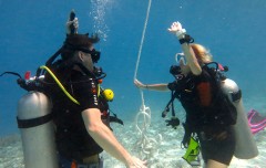 PADI dive instructor guiding a student underwater during a scuba course in Lombok