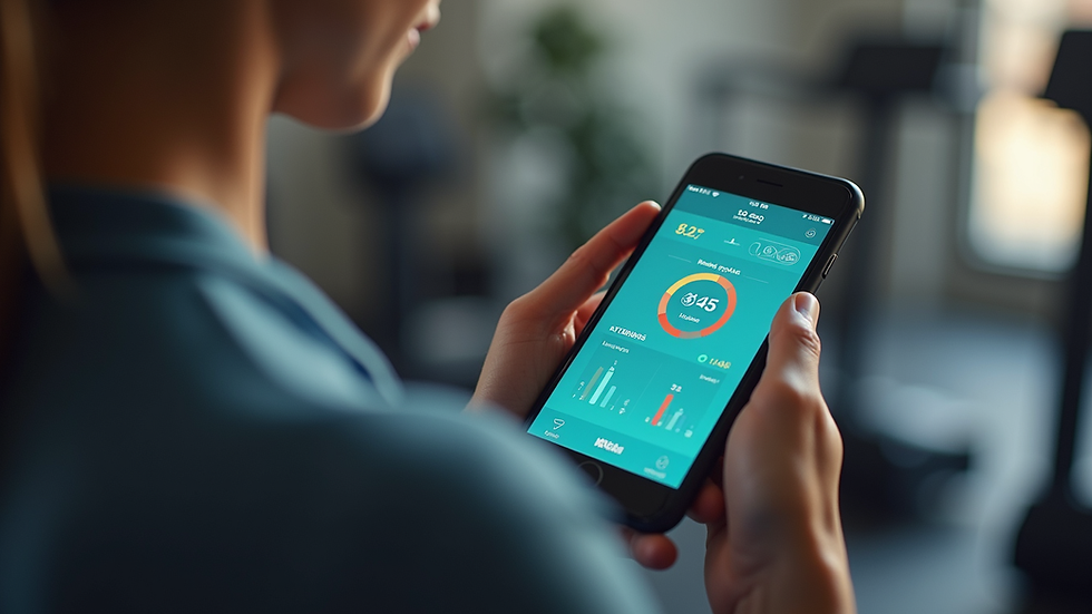Close-up view of a digital fitness app showing workout progress and nutrition tracking
