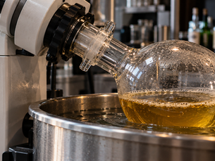 Close-up of a rotary evaporator distilling a golden liquid at 50°C and 120 rpm.