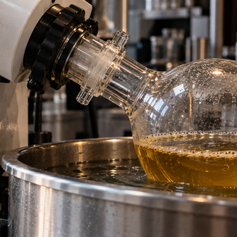 Close-up of a rotary evaporator distilling a golden liquid at 50°C and 120 rpm.