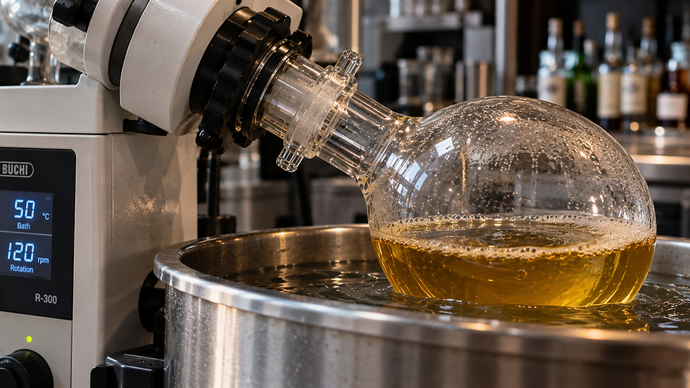 Close-up of a rotary evaporator distilling a golden liquid at 50°C and 120 rpm.