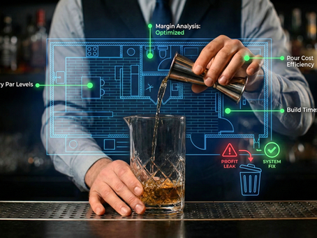A bartender pouring a spirit into a mixing glass, overlaid with a digital blueprint and technical data points highlighting bar management efficiency and profit optimization.