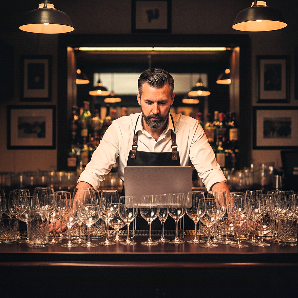 A professional male bartender with a beard, wearing a white shirt and a leather-strapped apron, stands behind a dark wooden bar counter. He is focused on a laptop screen placed in the center of the bar, surrounded by a large and organized variety of polished glassware, including wine glasses, coupes, and tumblers.