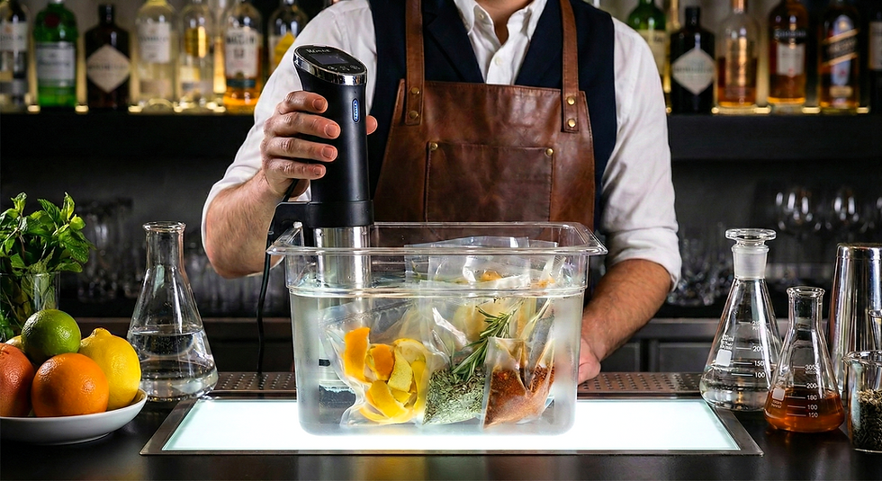 A bartender in a leather apron uses a sous vide immersion circulator to prepare infusions in a water bath filled with vacuum-sealed bags of citrus peels, herbs, and spices on an illuminated bar counter. Fresh fruit and glass lab equipment, including beakers and flasks, are arranged around the setup.