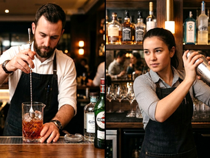 Split-screen of a male bartender stirring a cocktail in a mixing glass and a female bartender shaking a cocktail with both hands on a shaker.