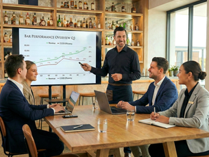 A professional bar consultant reviewing beverage KPI charts and financial data on a digital tablet at a bar counter, with a bartender crafting a cocktail in the blurred background.