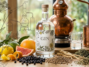 A high-quality educational cover image for a gin article featuring a clear glass bottle with a botanical label and the word 'GIN' in the center. The bottle is surrounded by raw ingredients: juniper berries, coriander seeds, dried herbs, citrus peels, and fresh lemon and grapefruit. In the background, a copper alembic still and a technical distillation diagram add a didactic, artisanal touch